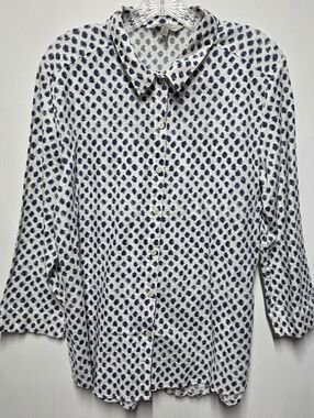 White and Navy Dot Print Linen Blend Button Front Shirt